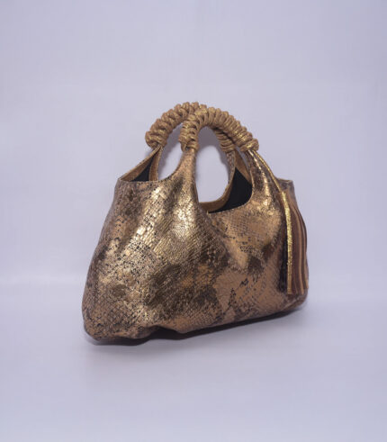 Snake Print Foiled Leather Handheld With Glitter Tassle & Braided Handle
