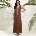 Antique Gold Embroidery Half Sleeve Dress-Brown