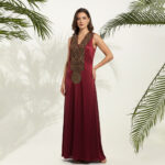 Antique Gold Embroidery Half Sleeve Dress-Maroon
