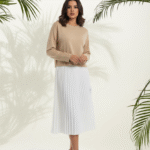Beige Knit and White Pleated Midi Dress