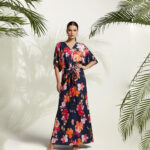 Floral Tie-Up Draped Kaftan Dress-Blue