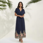 Golden Petal Applique Wrap Dress-Blue