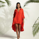 High Low Textured Floral Apllique Mini Dress-Orange