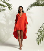 High Low Textured Floral Apllique Mini Dress-Orange
