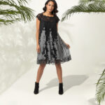 Lace Applique Cap Sleeve Mini Dress-Black